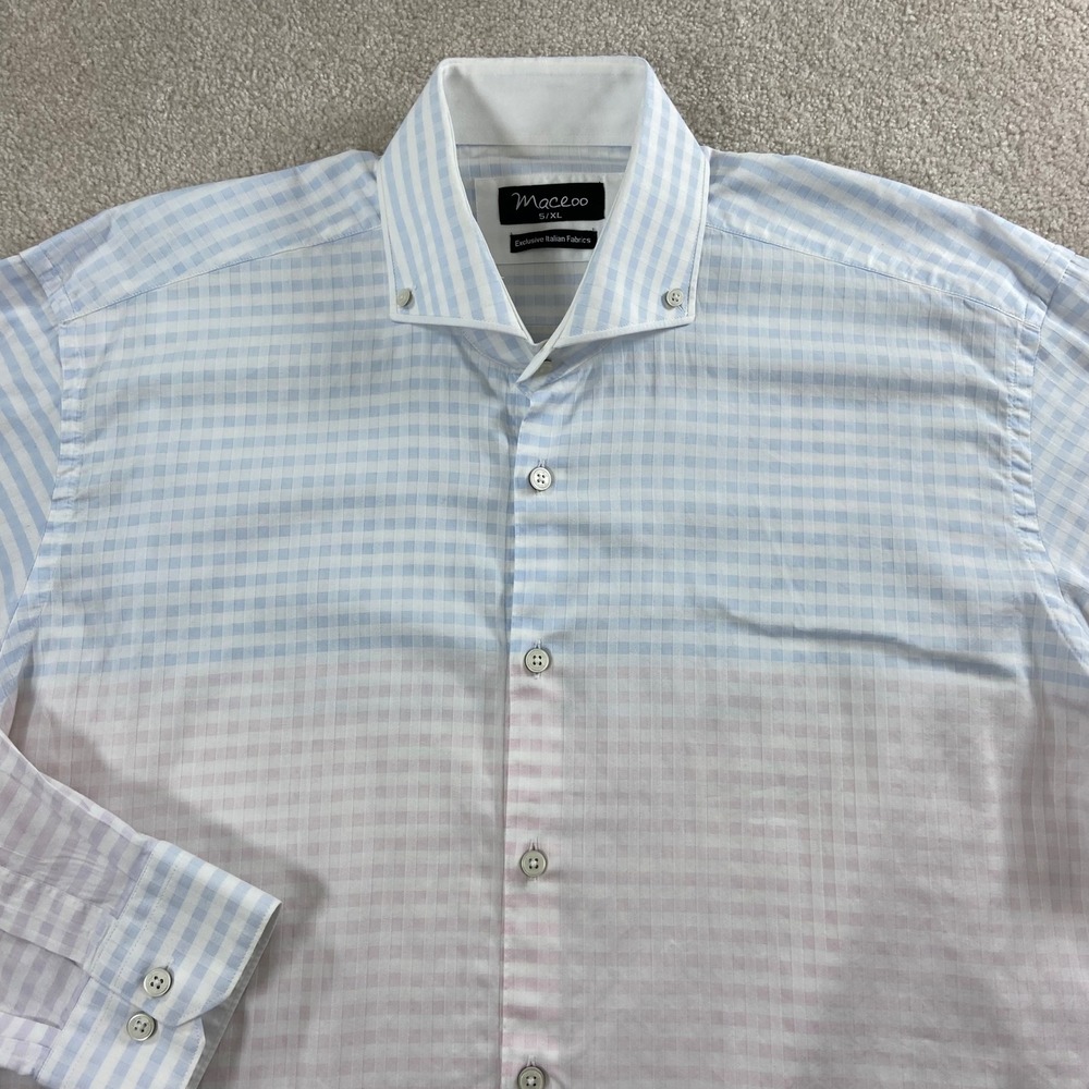 Maceoo Button Down Shirt Mens XL Blue Pink Gingham Italian Fabric Long Sleeve